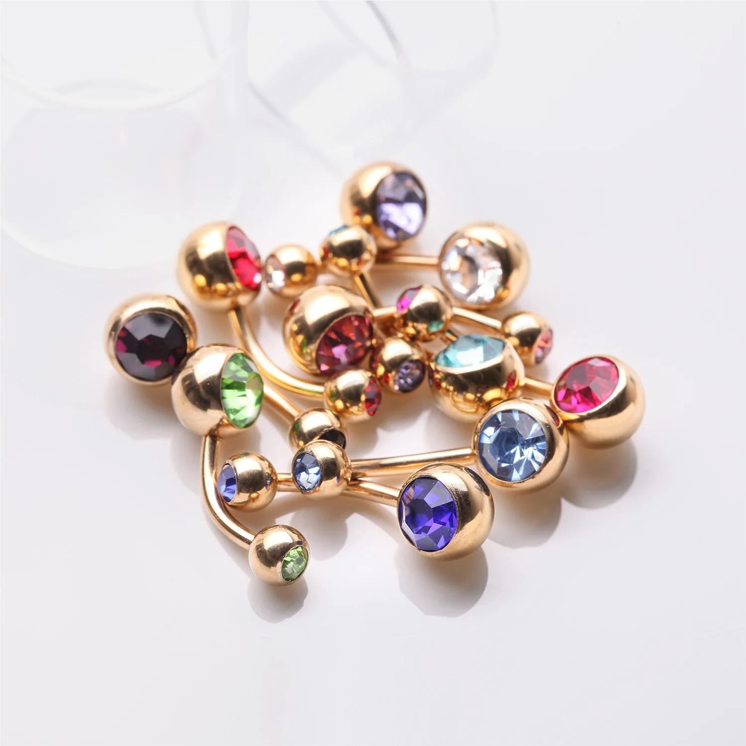 10 Pcs of Golden Assorted Color Gem Ball Steel Belly Button Ring Package - Image 2