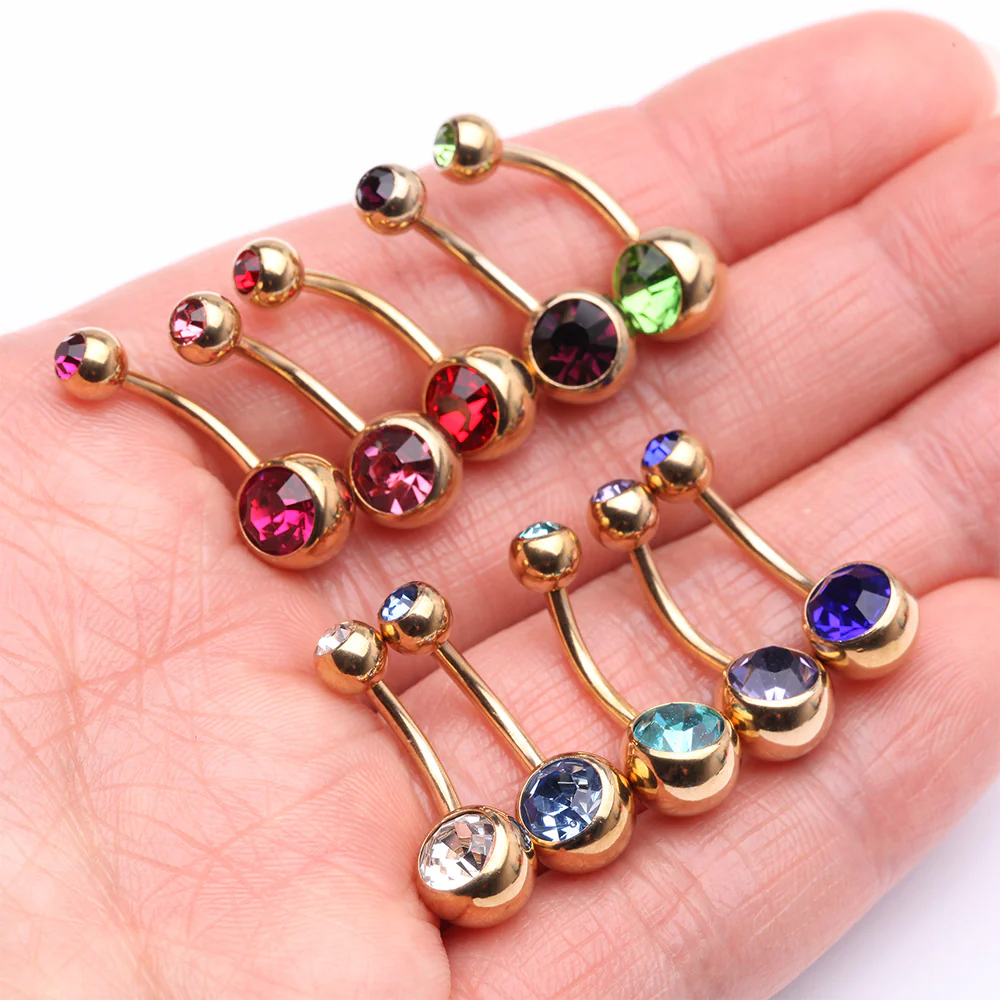 10 Pcs of Golden Assorted Color Gem Ball Steel Belly Button Ring Package - Image 3