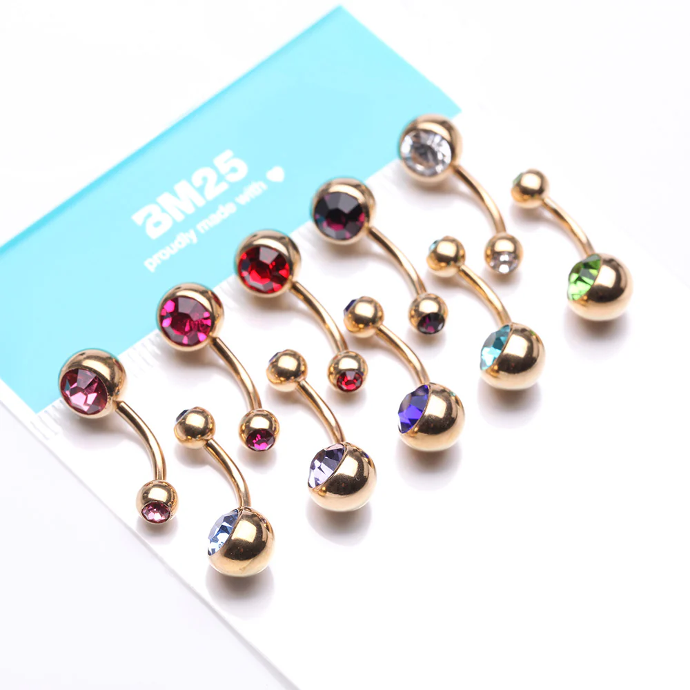 10 Pcs of Golden Assorted Color Gem Ball Steel Belly Button Ring Package - Image 4