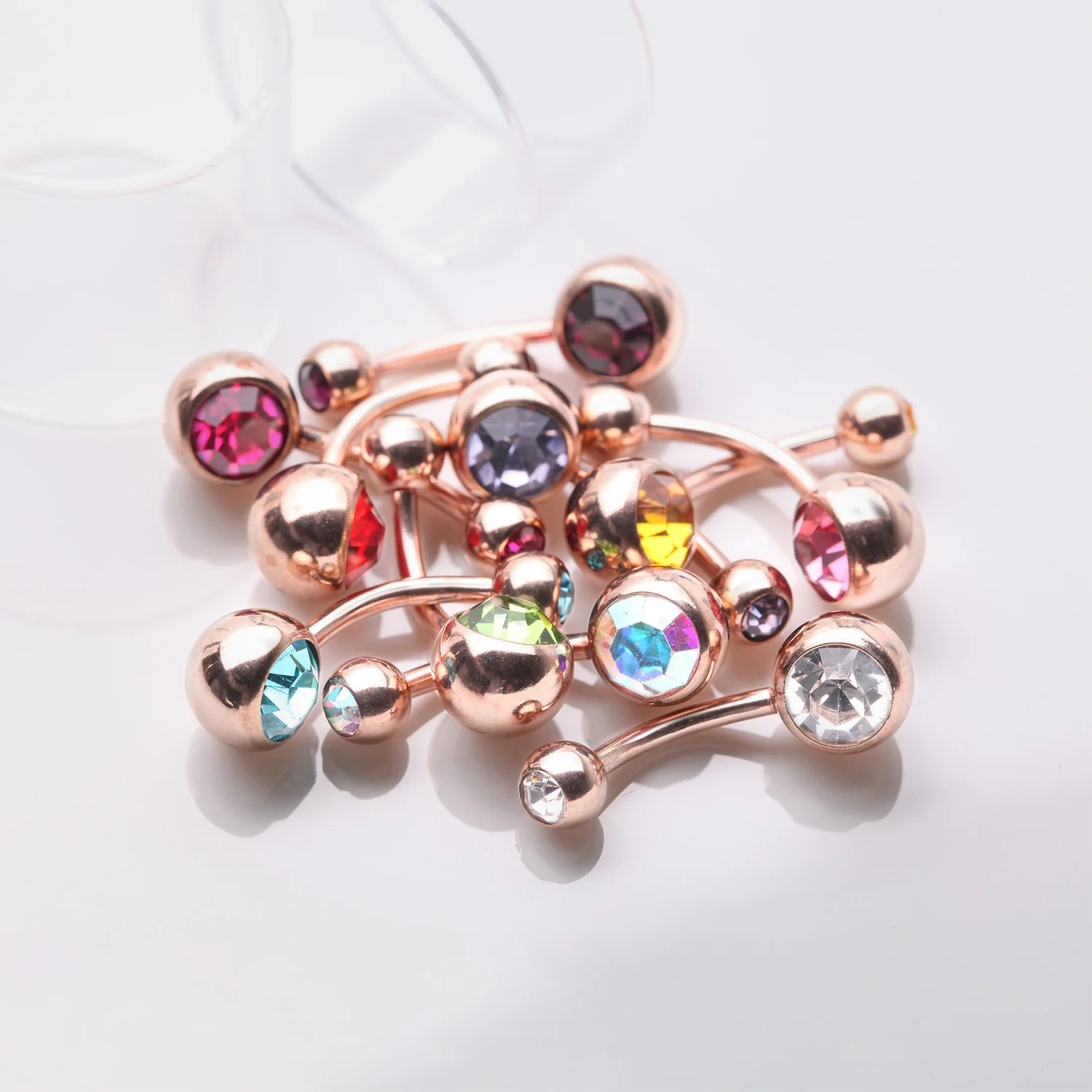 10 Pcs of Rose Gold Assorted Color Gem Ball Steel Belly Button Ring Package - Image 2