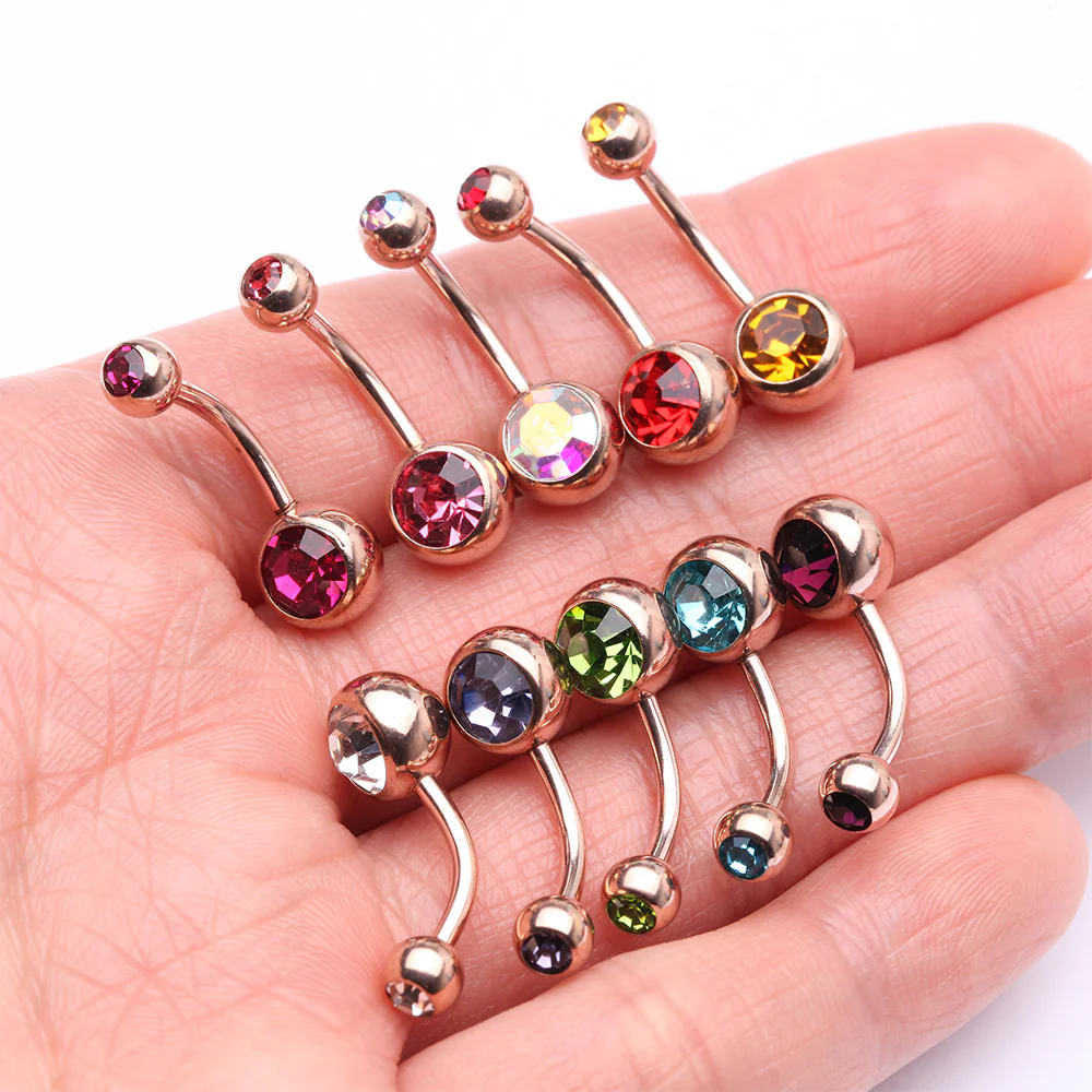 10 Pcs of Rose Gold Assorted Color Gem Ball Steel Belly Button Ring Package - Image 3