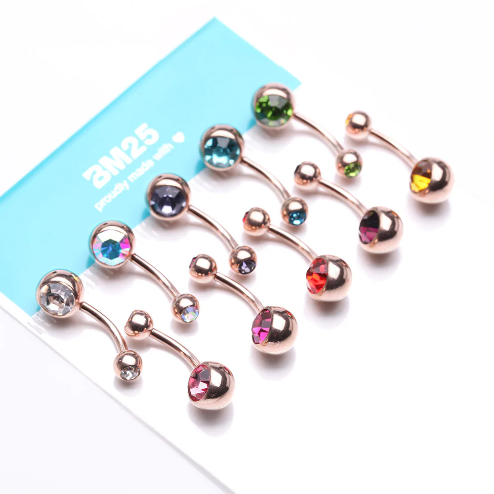 10 Pcs of Rose Gold Assorted Color Gem Ball Steel Belly Button Ring Package - Image 4