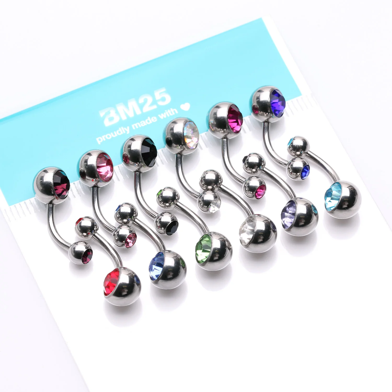 12 Pcs of Assorted Color Gem Ball Steel Belly Button Ring Package - Image 2