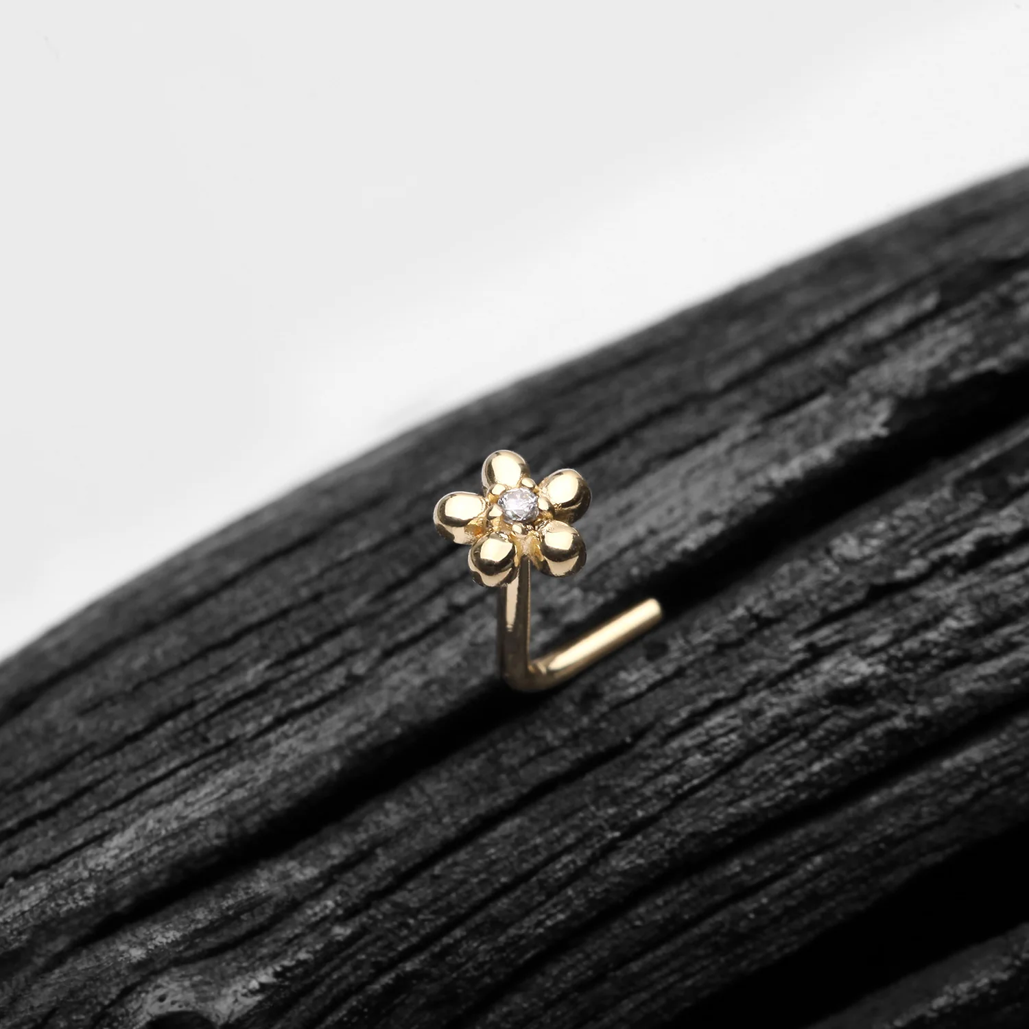 14 Karat Gold Adorable Flower Sparkle L-Shaped Nose Ring - Image 2