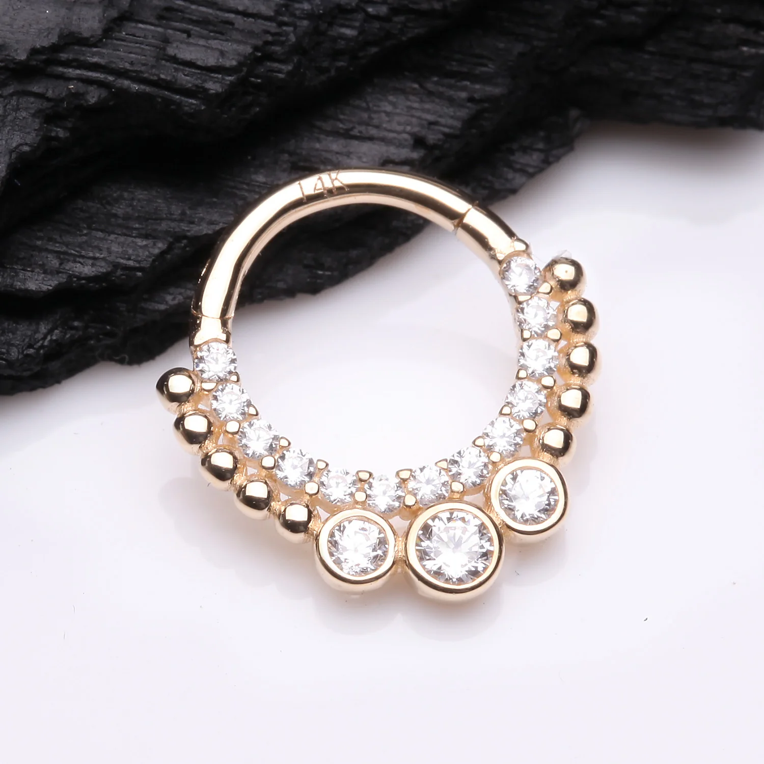 14 Karat Gold Bali Studded Sparkle Seamless Clicker Hoop Ring - Image 2