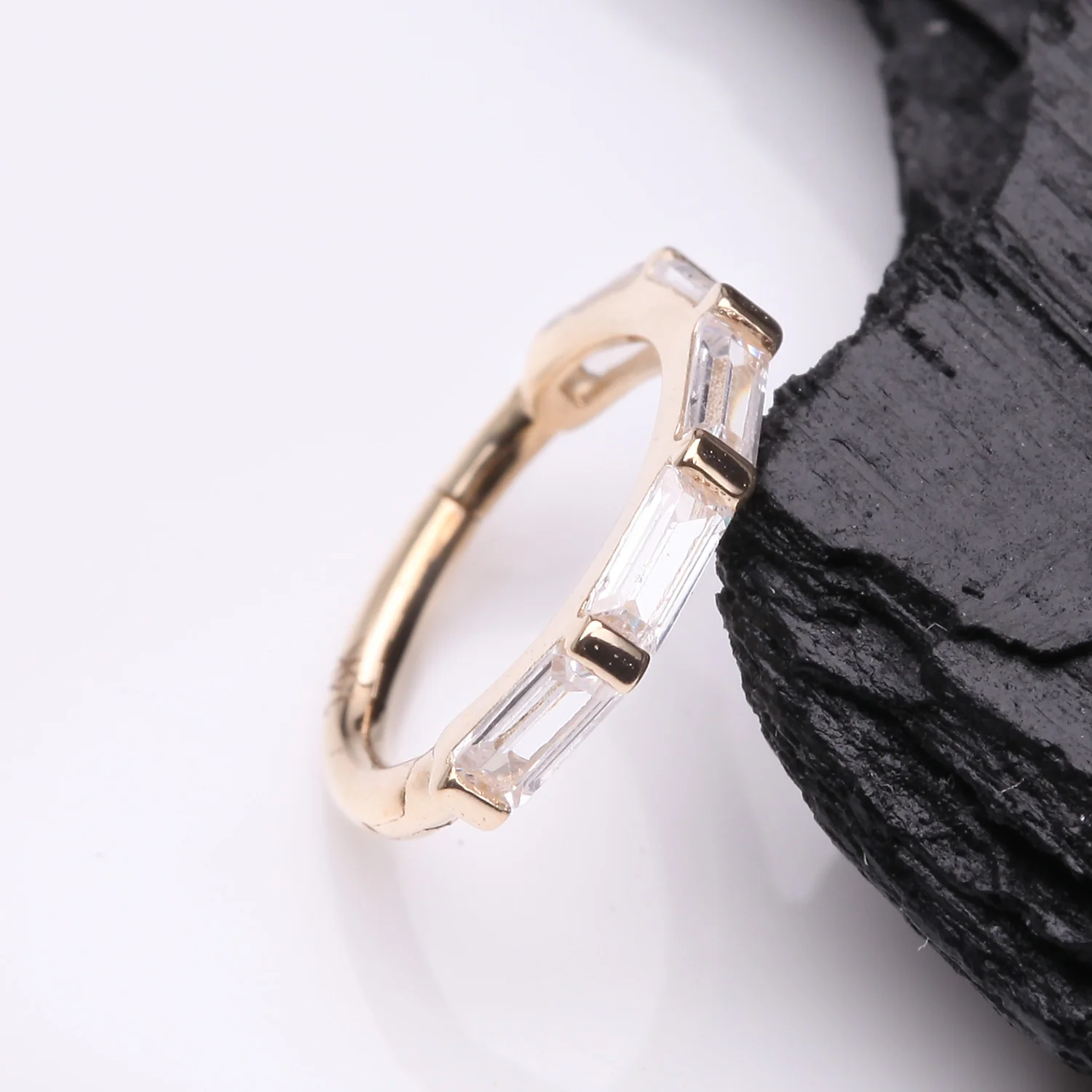 14 Karat Gold Brilliant Baguette Gem Segmented Seamless Clicker Hoop Ring - Image 2