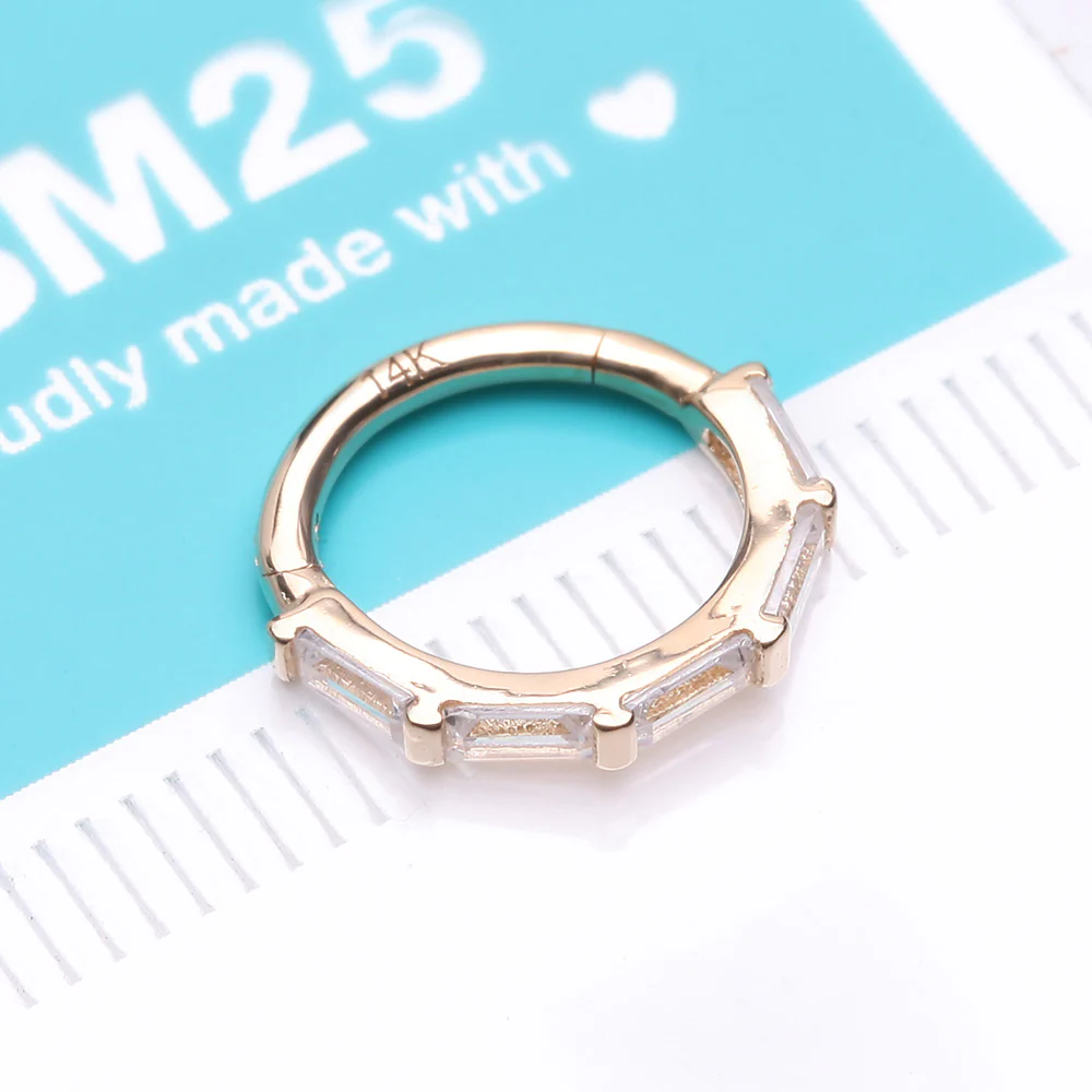 14 Karat Gold Brilliant Baguette Gem Segmented Seamless Clicker Hoop Ring - Image 3