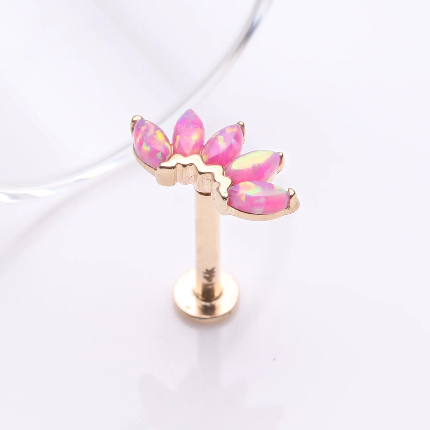 14 Karat Gold OneFit Threadless Brilliant Marquise Fire Opal Flower Flat Back Stud Labret - Image 2