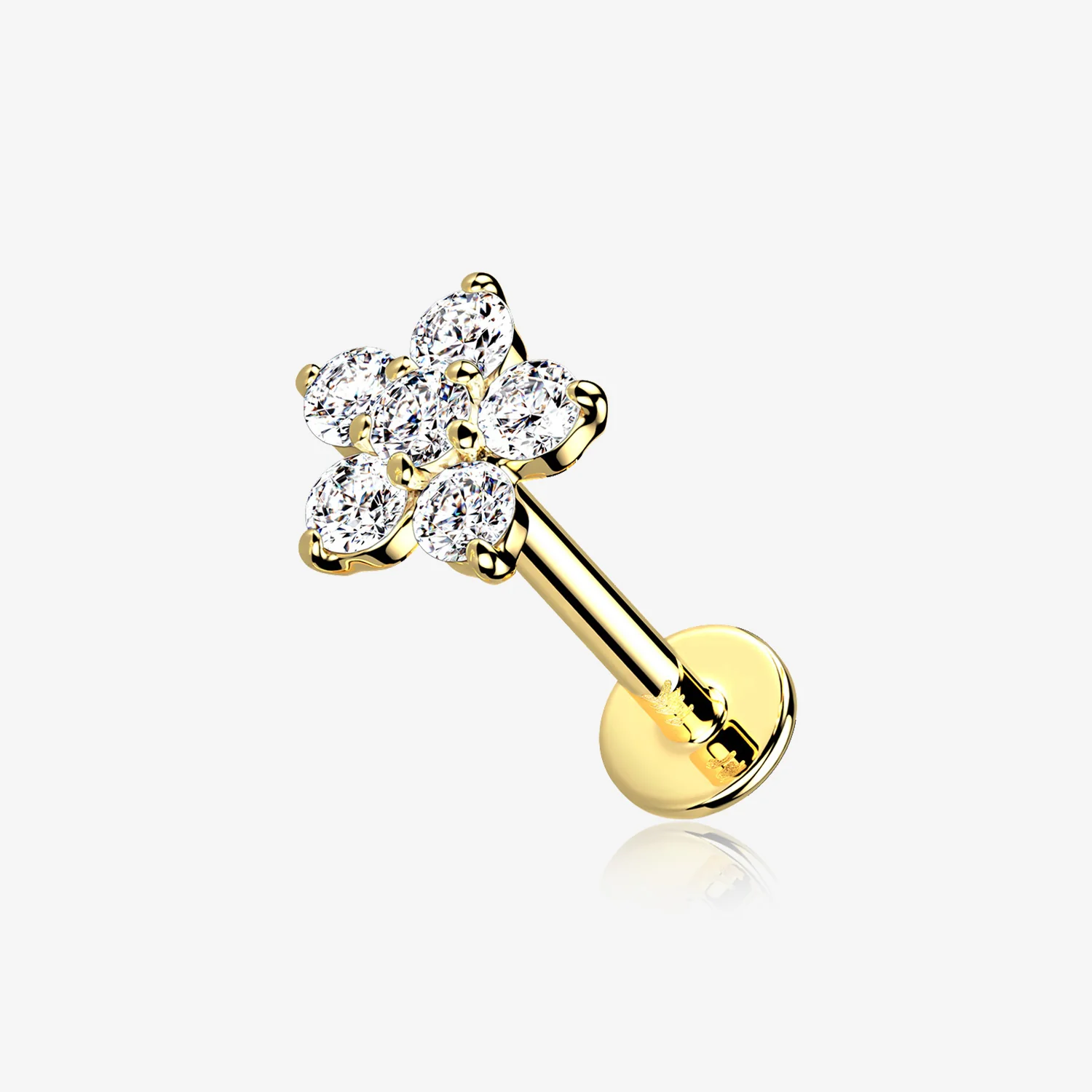 14 Karat Gold OneFit Threadless Brilliant Sparkle Flower Flat Back Stud Labret
