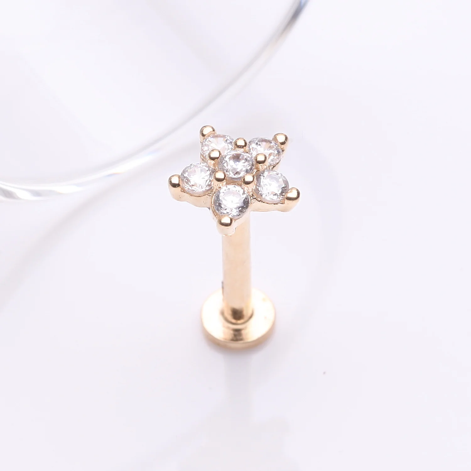 14 Karat Gold OneFit Threadless Brilliant Sparkle Flower Flat Back Stud Labret - Image 2