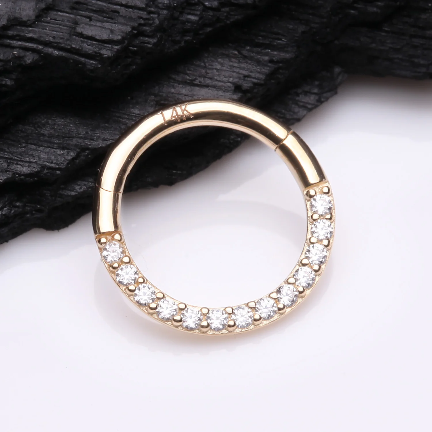 14 Karat Gold Brilliant Sparkle Gems Front Lined Clicker Hoop Ring - Image 2