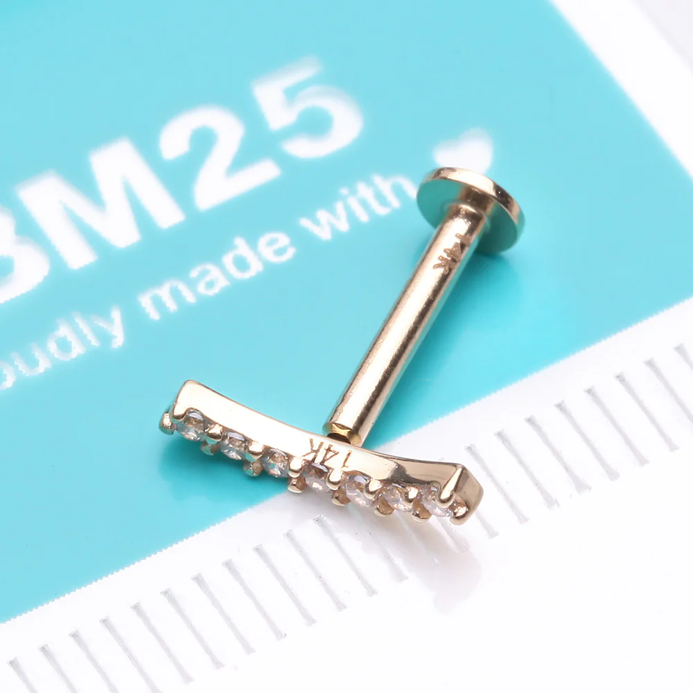 14 Karat Gold OneFit Threadless Brilliant Sparkle Gems Journey Curve Flat Back Stud Labret - Image 3