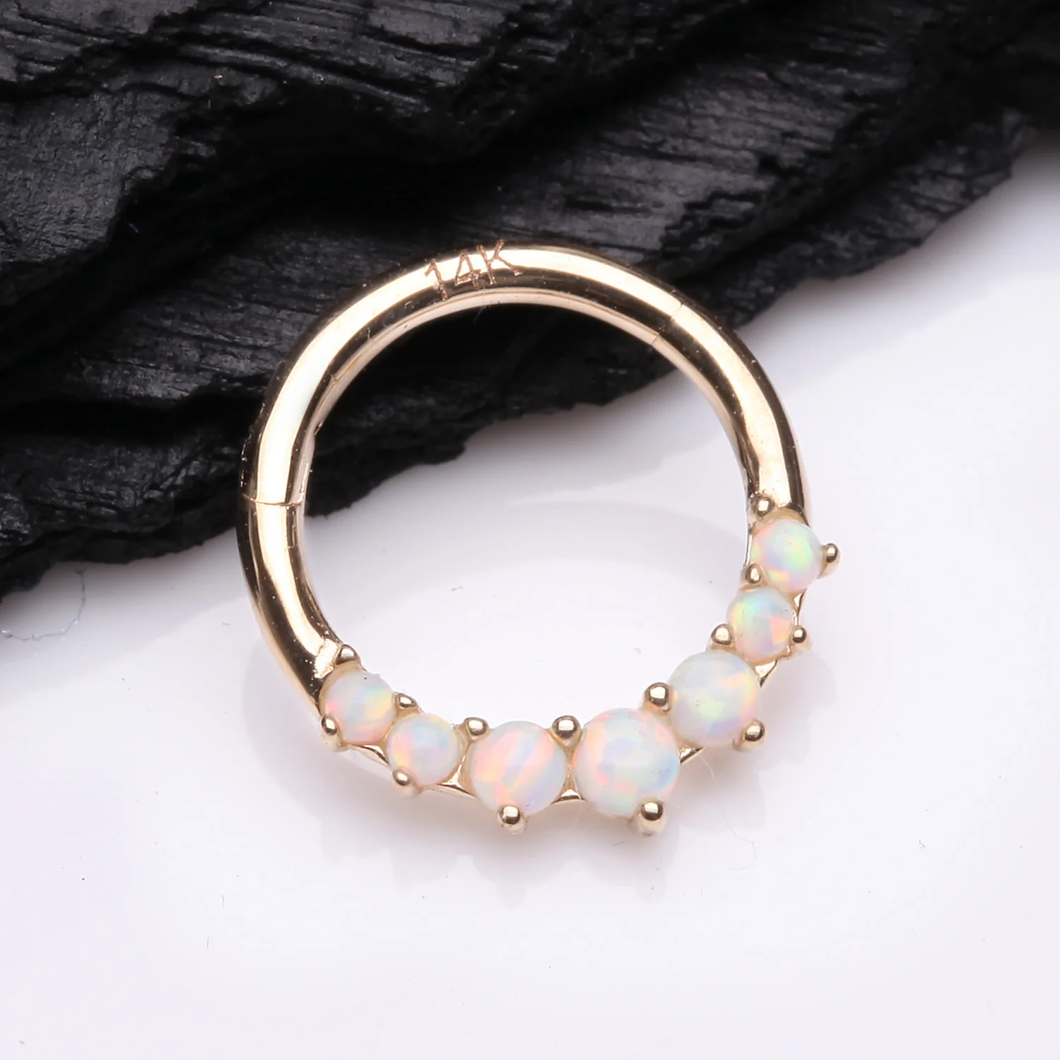 14 Karat Gold Cascading Fire Opal Prong Set Lined Seamless Clicker Hoop Ring - Image 2