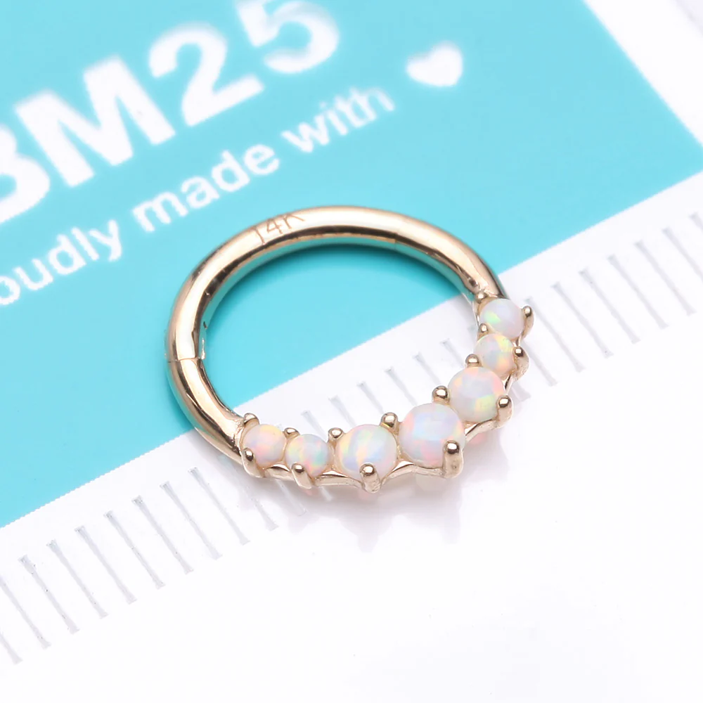 14 Karat Gold Cascading Fire Opal Prong Set Lined Seamless Clicker Hoop Ring - Image 3