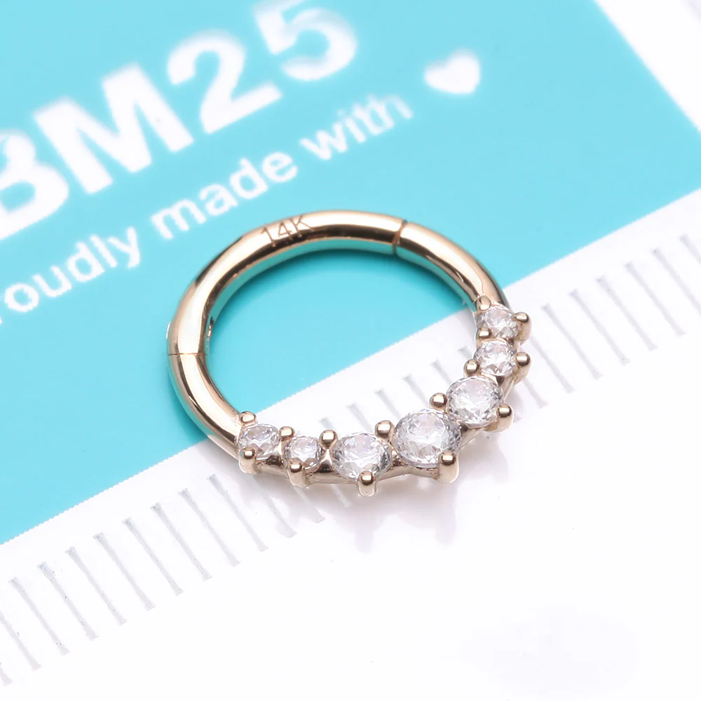 14 Karat Gold Cascading Multi-Gem Prong Set Lined Seamless Clicker Hoop Ring - Image 3