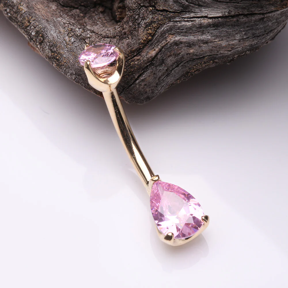 14 Karat Gold Dainty Brilliant Teardrop Sparkle Belly Button Ring - Image 3