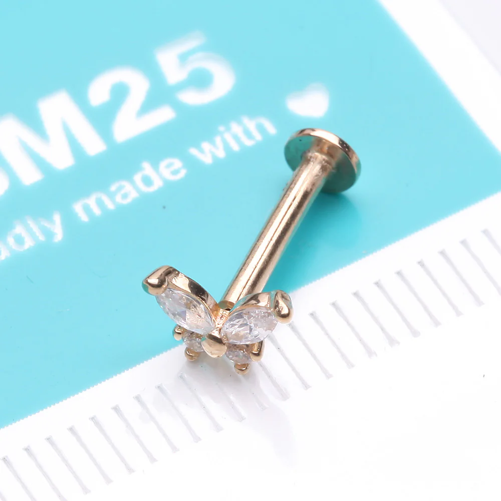 14 Karat Gold OneFit Threadless Dainty Butterfly Sparkle Flat Back Stud Labret - Image 3