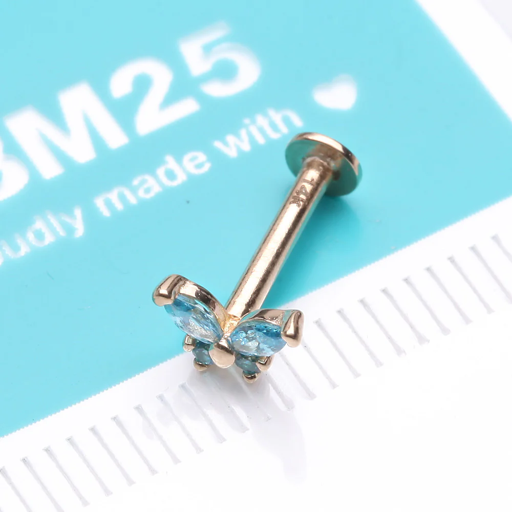 14 Karat Gold OneFit Threadless Dainty Butterfly Sparkle Flat Back Stud Labret - Image 3
