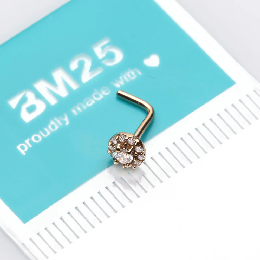 14 Karat Gold Double Tiered Brilliant Sparkle Multi Gem L-Shaped Nose Ring - Image 3