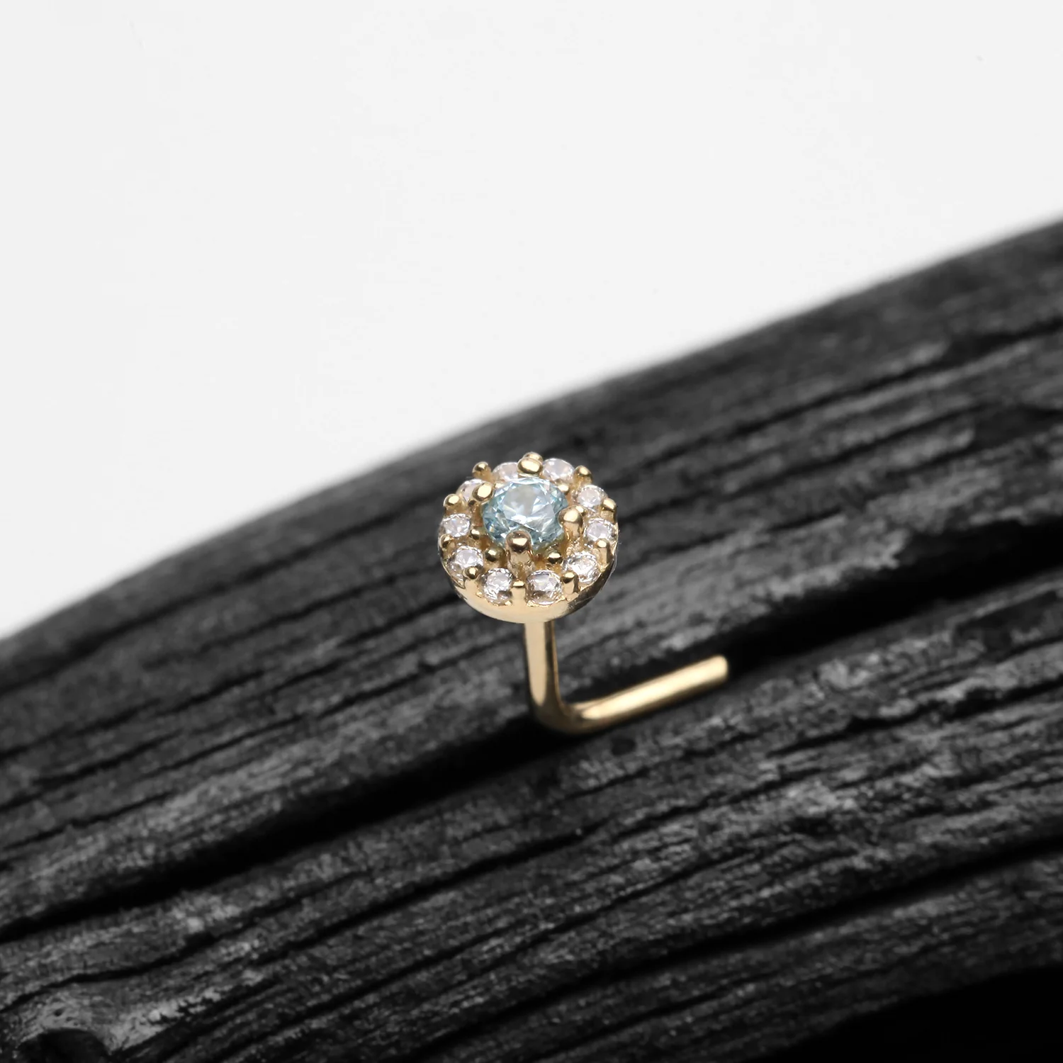 14 Karat Gold Double Tiered Brilliant Sparkle Multi Gem L-Shaped Nose Ring - Image 2