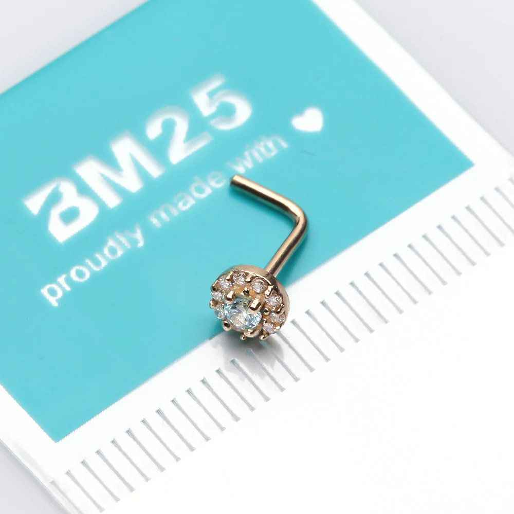 14 Karat Gold Double Tiered Brilliant Sparkle Multi Gem L-Shaped Nose Ring - Image 3