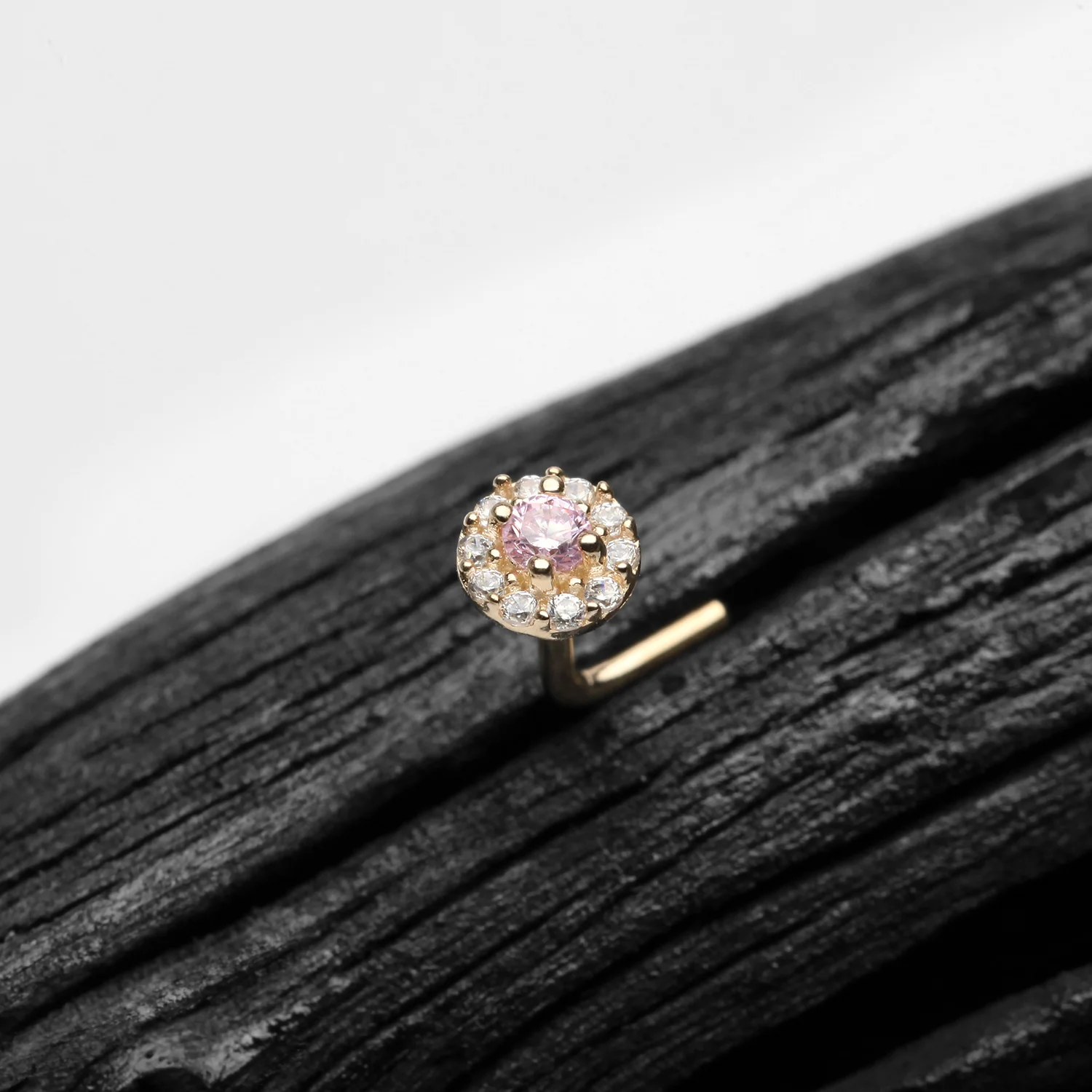 14 Karat Gold Double Tiered Brilliant Sparkle Multi Gem L-Shaped Nose Ring - Image 2