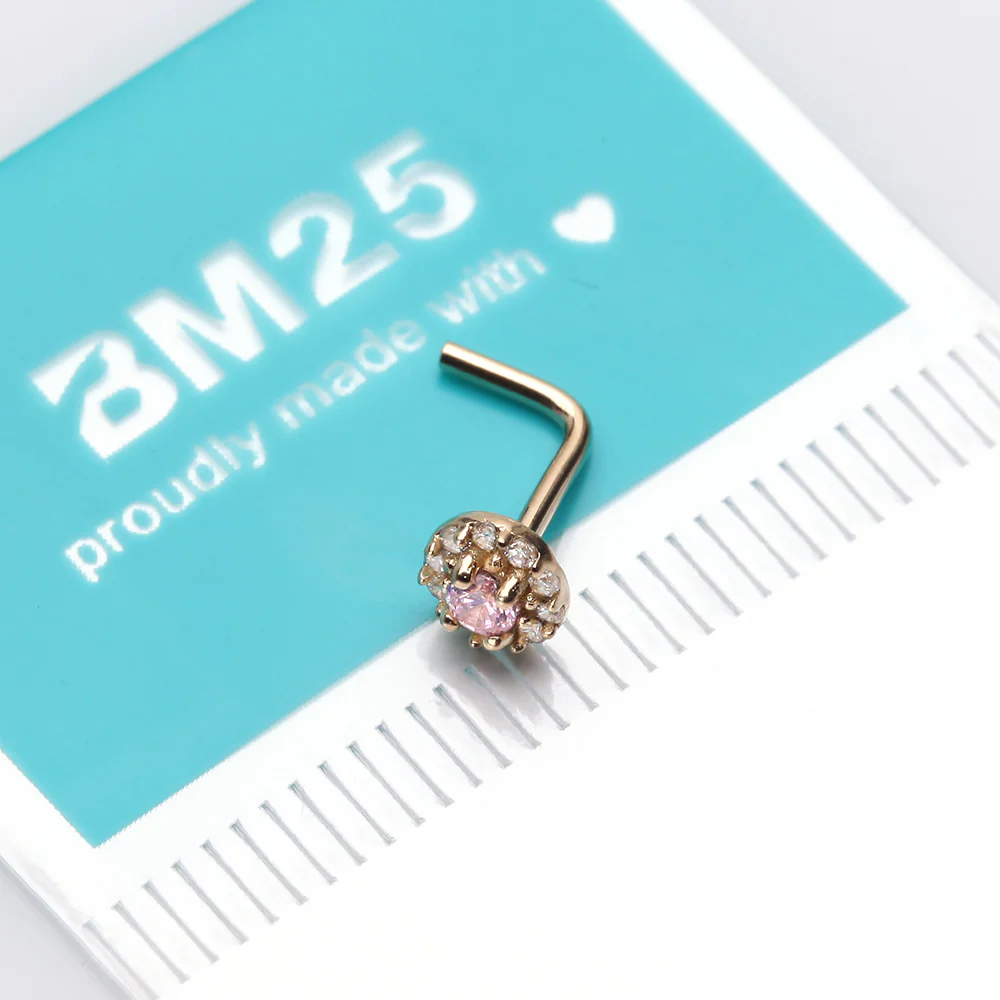14 Karat Gold Double Tiered Brilliant Sparkle Multi Gem L-Shaped Nose Ring - Image 3