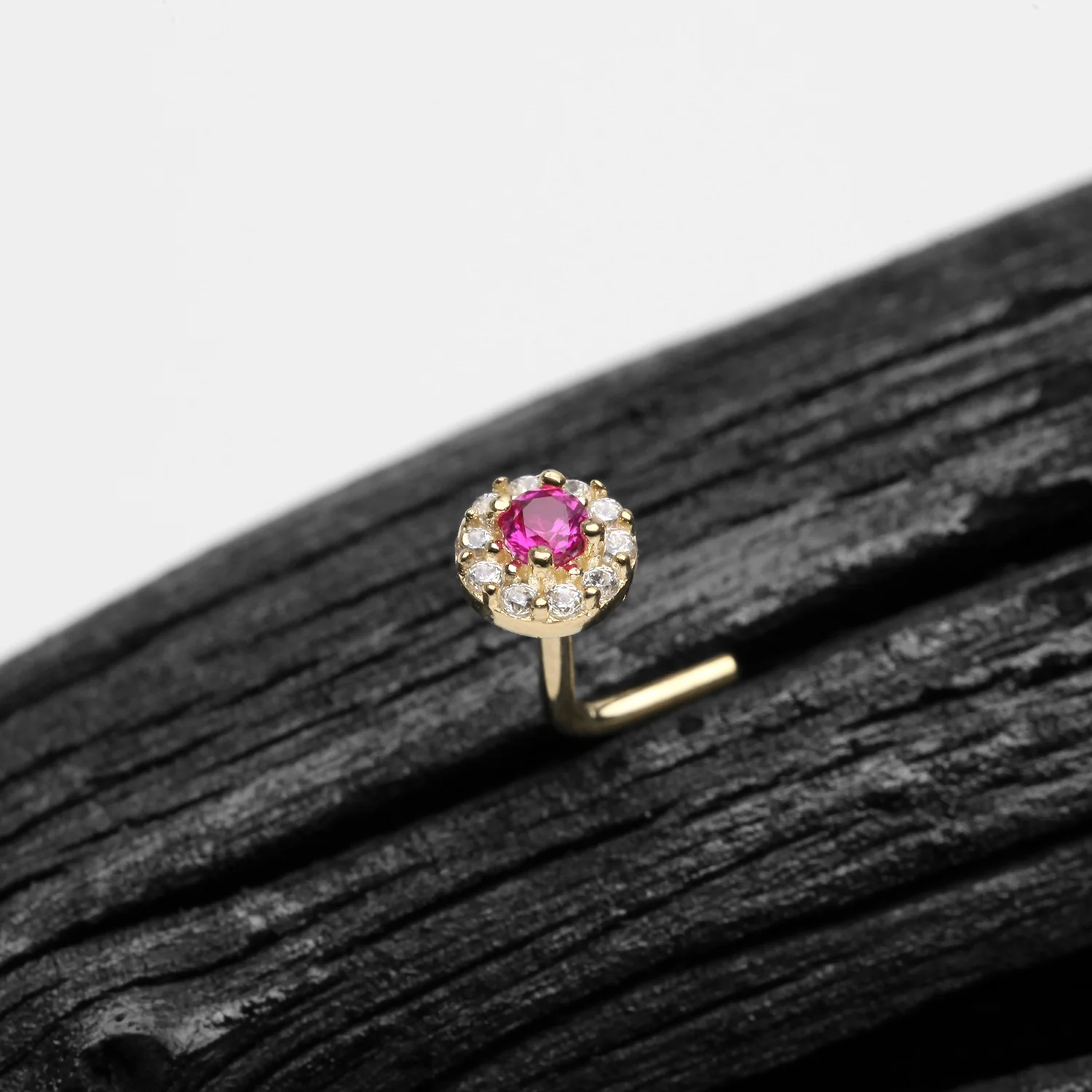 14 Karat Gold Double Tiered Brilliant Sparkle Multi Gem L-Shaped Nose Ring - Image 2