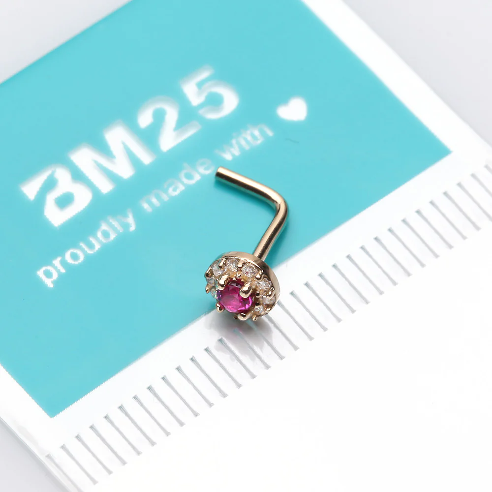 14 Karat Gold Double Tiered Brilliant Sparkle Multi Gem L-Shaped Nose Ring - Image 3