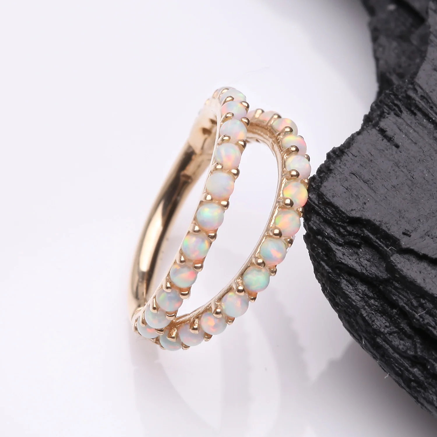 14 Karat Gold Fire Opal Double Hoop Seamless Clicker Hoop Ring - Image 2