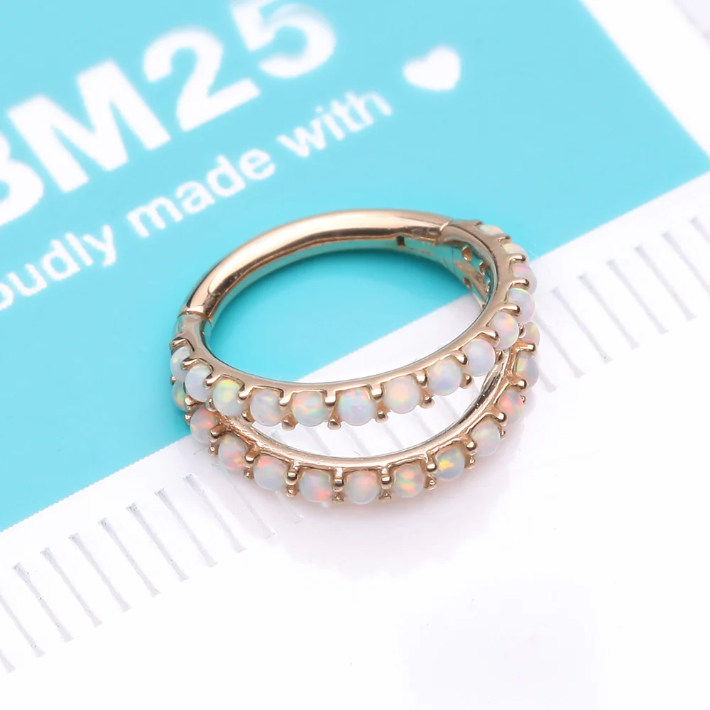 14 Karat Gold Fire Opal Double Hoop Seamless Clicker Hoop Ring - Image 3