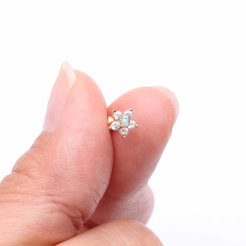 14 Karat Gold Fire Opal Sparkle Gems Flower Cartilage Tragus Barbell - Image 3