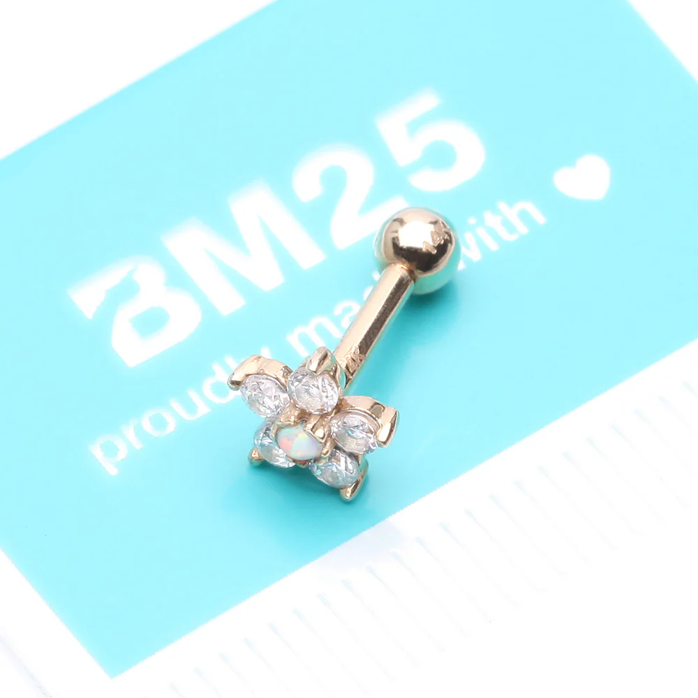 14 Karat Gold Fire Opal Sparkle Gems Flower Cartilage Tragus Barbell - Image 5