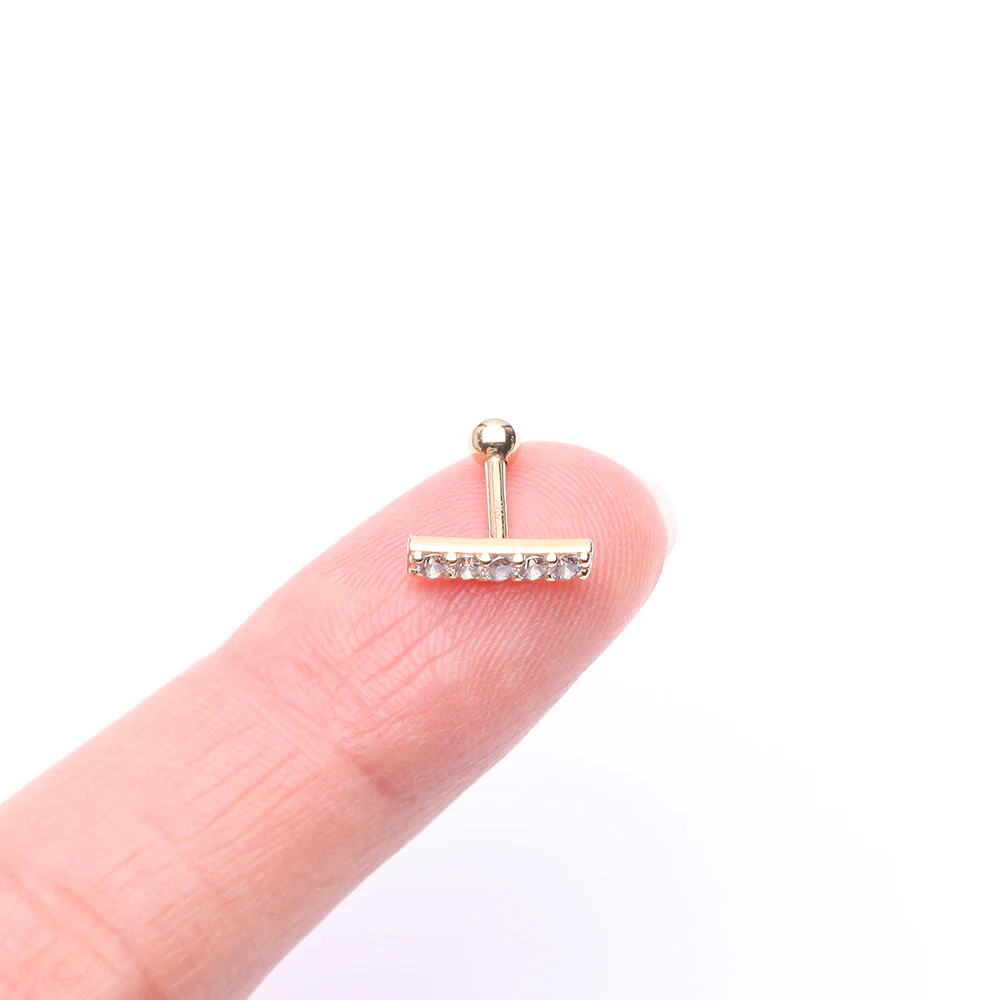 14 Karat Gold Gems Lined Bar Cartilage Tragus Barbell - Image 3