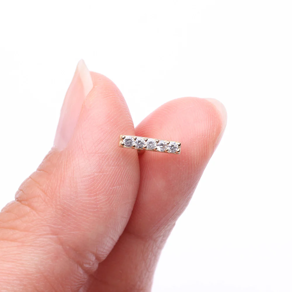 14 Karat Gold Gems Lined Bar Cartilage Tragus Barbell - Image 4
