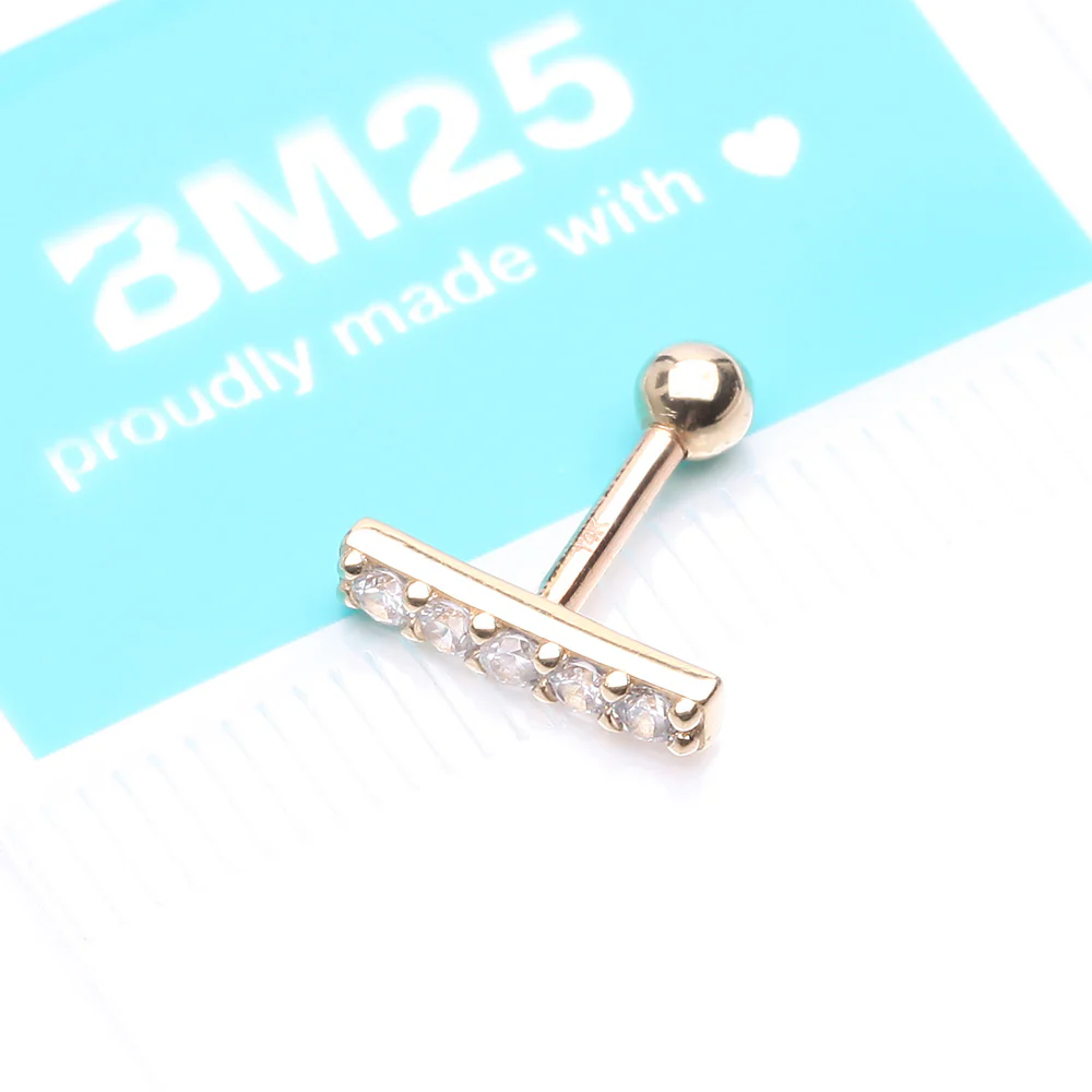 14 Karat Gold Gems Lined Bar Cartilage Tragus Barbell - Image 5