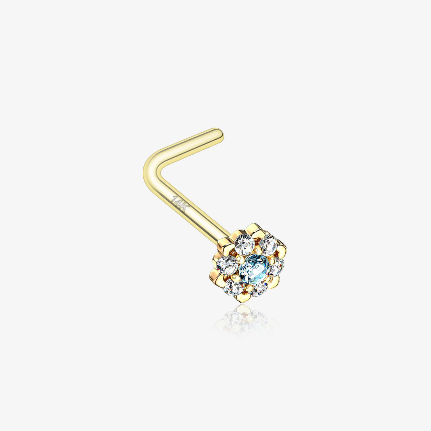14 Karat Gold Glistening Multi-Gem Flower Sparkle L-Shaped Nose Ring