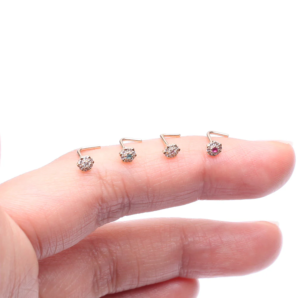 14 Karat Gold Glistening Multi-Gem Flower Sparkle L-Shaped Nose Ring - Image 4