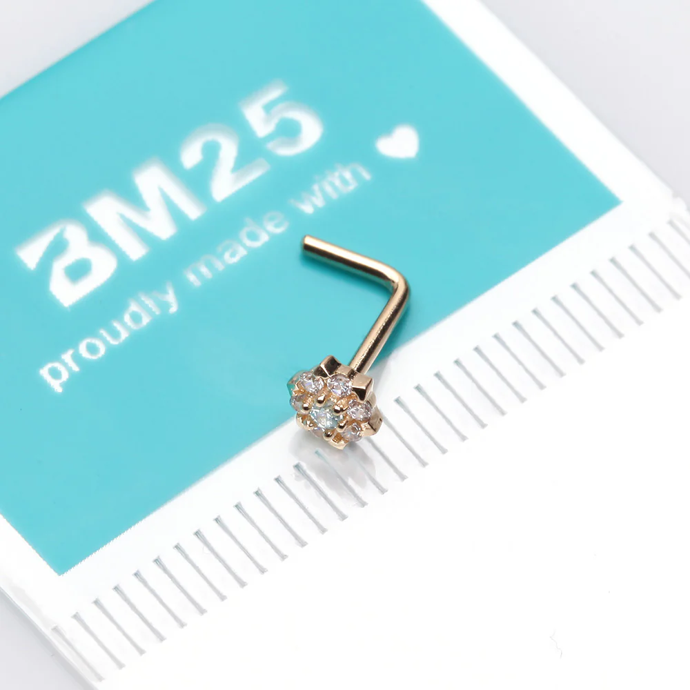 14 Karat Gold Glistening Multi-Gem Flower Sparkle L-Shaped Nose Ring - Image 5