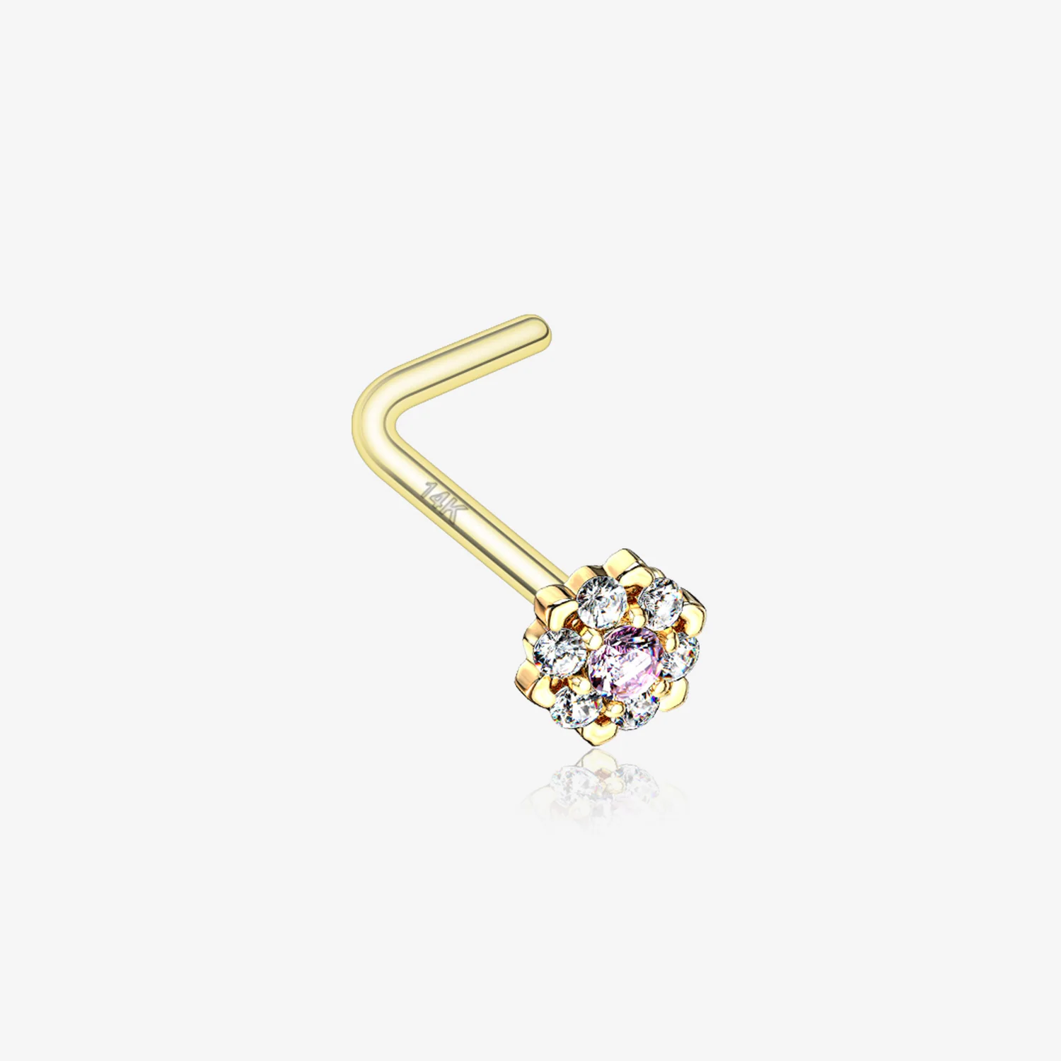 14 Karat Gold Glistening Multi-Gem Flower Sparkle L-Shaped Nose Ring