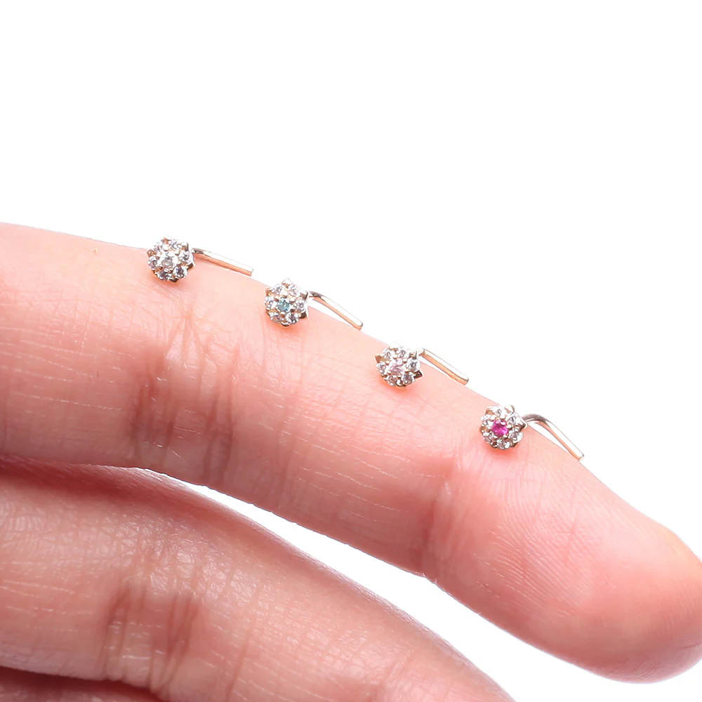 14 Karat Gold Glistening Multi-Gem Flower Sparkle L-Shaped Nose Ring - Image 4