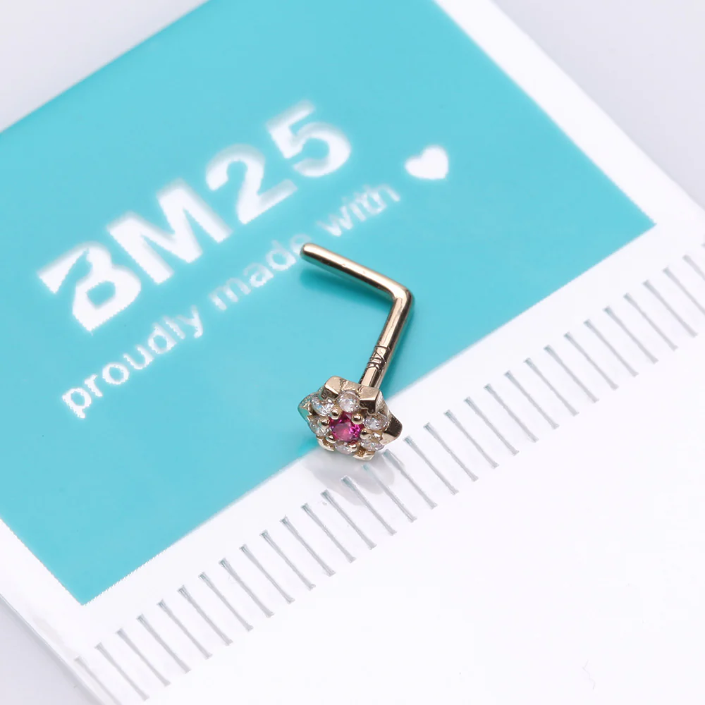 14 Karat Gold Glistening Multi-Gem Flower Sparkle L-Shaped Nose Ring - Image 5