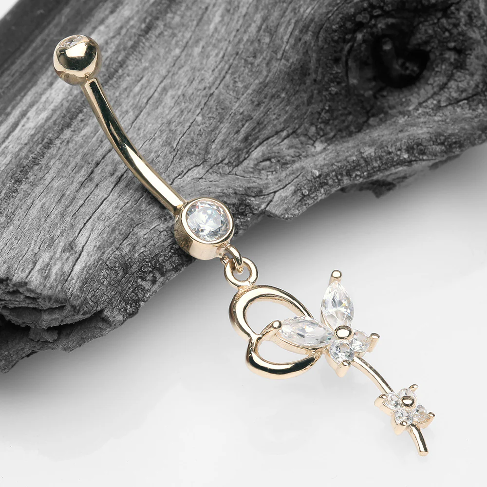 14 Karat Gold Heart Loop Butterfly Marquise Sparkle Belly Button Ring - Image 3