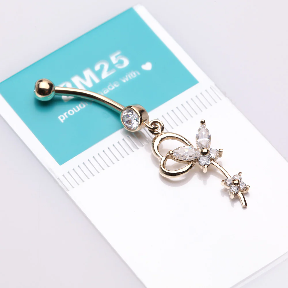 14 Karat Gold Heart Loop Butterfly Marquise Sparkle Belly Button Ring - Image 4