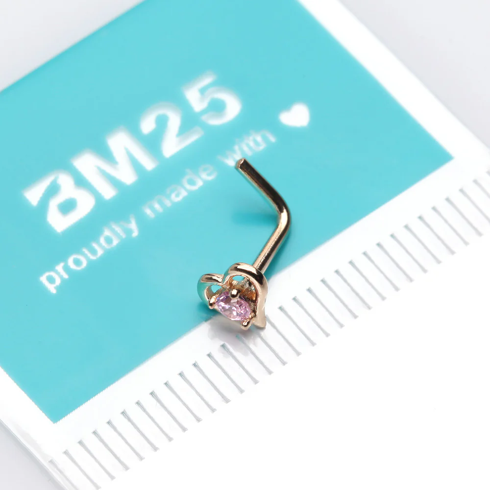 14 Karat Gold Hollow Heart Sparkle L-Shaped Nose Ring - Image 3