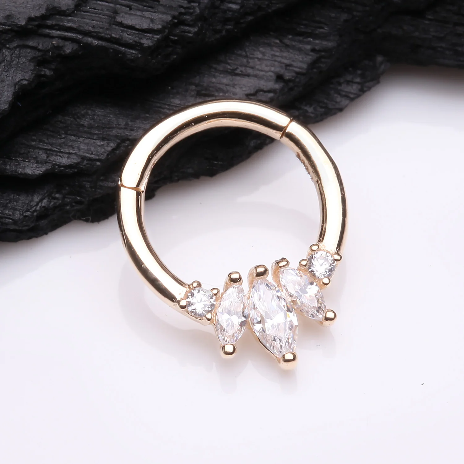 14 Karat Gold Marquise Floral Sparkle Clicker Hoop Ring - Image 2