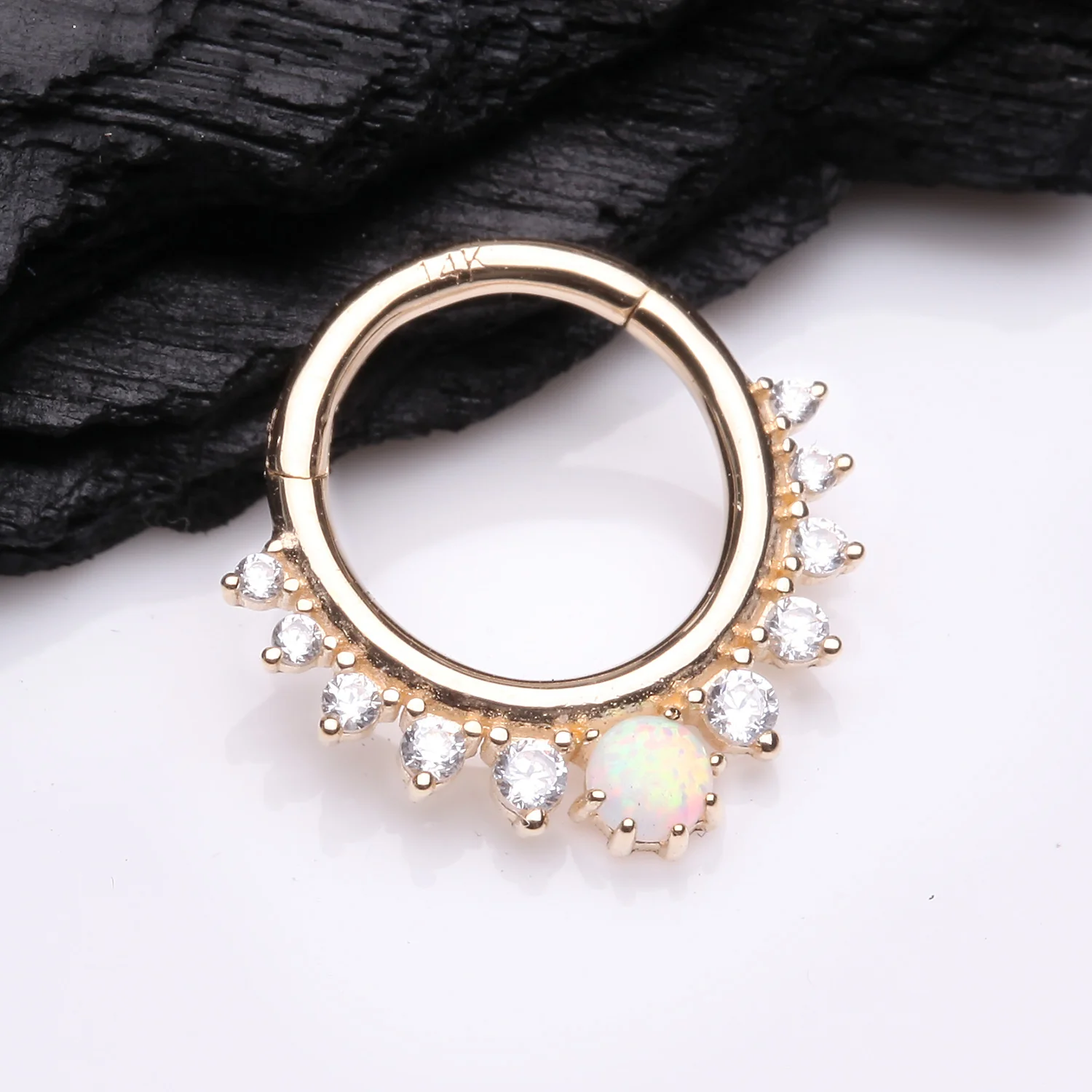 14 Karat Gold Multi-Gem Goddess Fire Opal Seamless Clicker Hoop Ring - Image 2