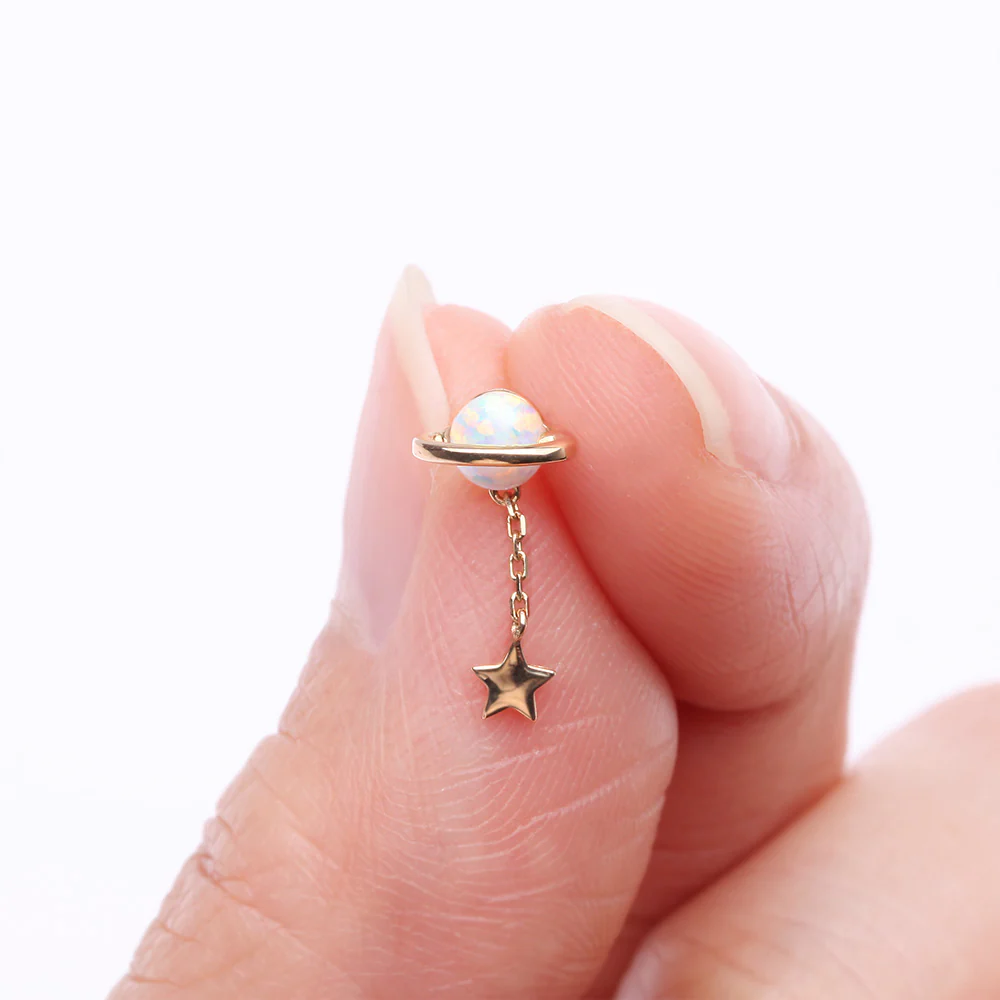 14 Karat Gold OneFit Threadless Fire Opal Planet Chained Dangle Star Top Part - Image 3