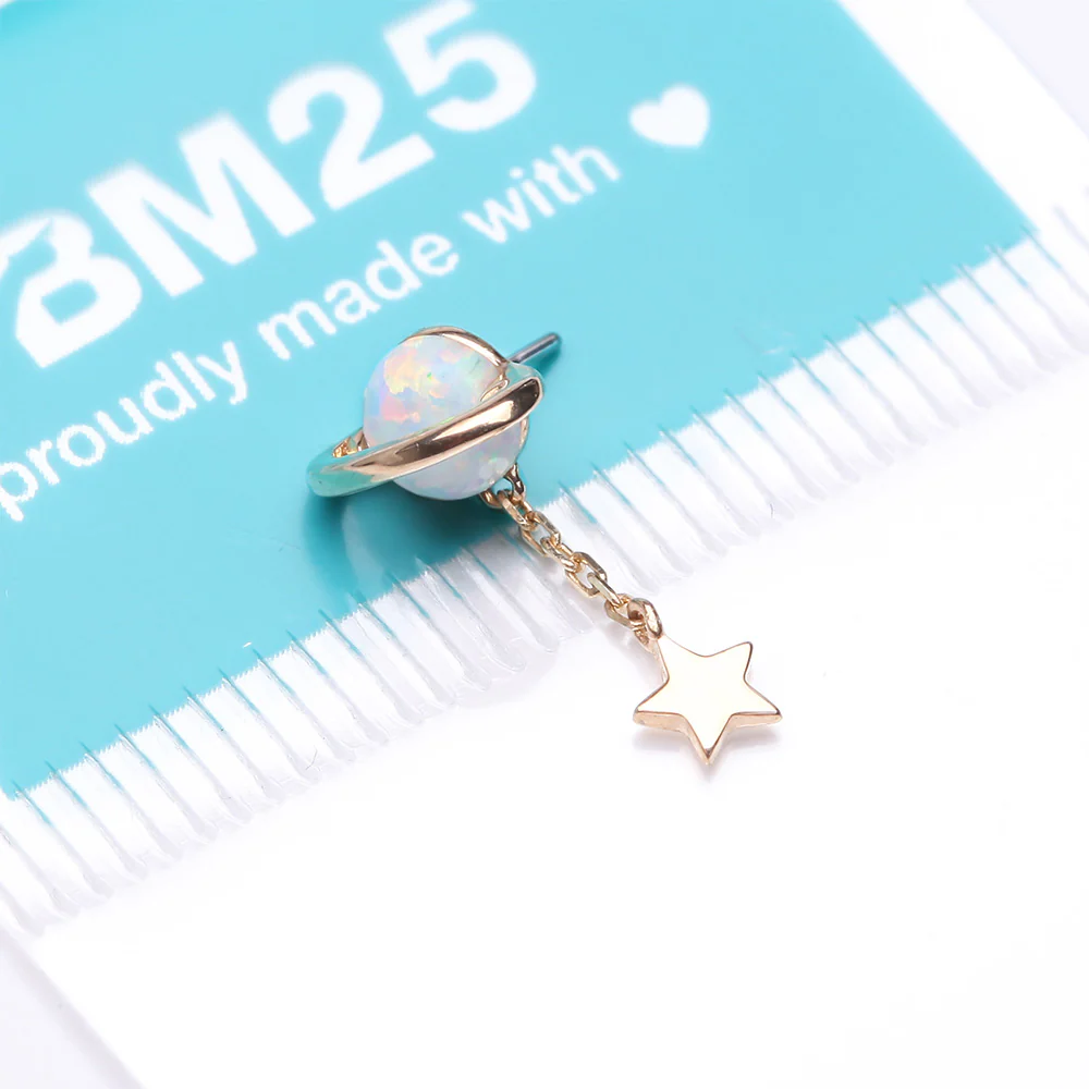 14 Karat Gold OneFit Threadless Fire Opal Planet Chained Dangle Star Top Part - Image 4