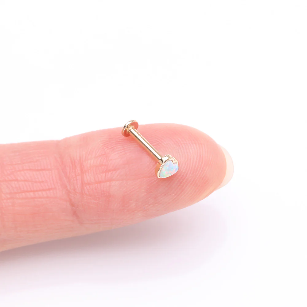 14 Karat Gold OneFit Threadless Heart Fire Opal Sparkle Flat Back Stud Labret - Image 3